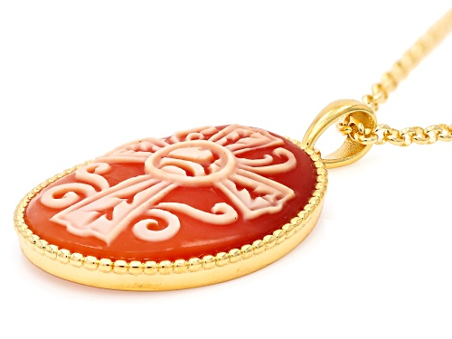 Pre-Owned Cameoso™ 18k Yellow Gold Over Bronze Cross Carving with Beaded Frame Pendant on Rolo Chain