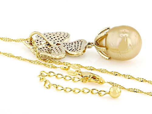 Pre-Owned 11mm Golden Cultured South Sea Pearl With Zircon 18k Gold Over Sterling Silver Pendant Wit