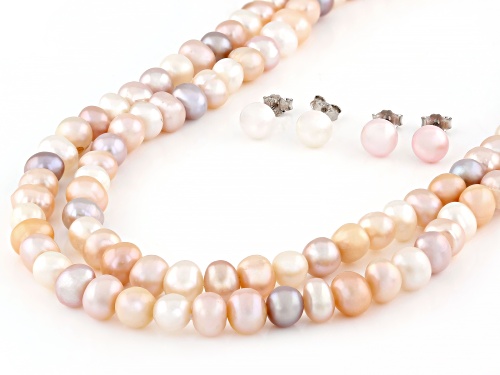Pre-Owned 5-6mm Multi-Color Cultured Freshwater Pearl Rhodium Over Silver 18 Inch Strand & Earring S