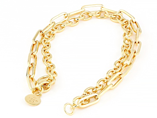 Pre-Owned Oro Divino 14k Yellow Gold with Sterling Silver Core Paperclip and Oval Link 2-Row Bracele - Size 7.25