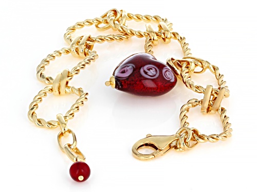 Pre-Owned 18k Yellow Gold Over Sterling Silver Red Swirl Murano Glass Heart Charm Bracelet - Size 7.5
