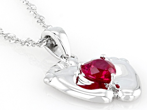 Pre-Owned 0.60ct Round Lab Created Ruby Rhodium Over Sterling Silver Pendant with Chain