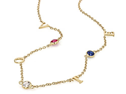 Pre-Owned 0.82ctw Lab Created Ruby, White Sapphire, Blue Sapphire 18k Yellow Gold Over Silver 