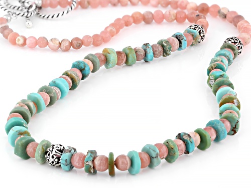 Pre-Owned Southwest Style by JTV™ Rhodochrosite & Green Turquoise Sterling Silver Necklace - Size 18