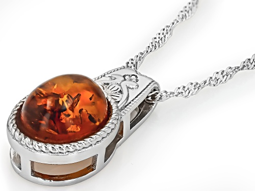 Pre-Owned 11x9mm Oval Cabochon Amber Rhodium Over Silver Solitaire Pendant With Chain