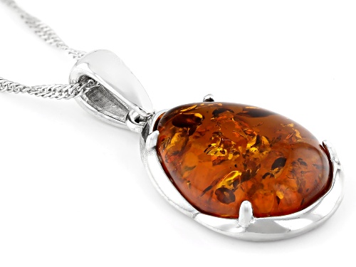 Pre-Owned 18x13mm Pear Shape Cabochon Amber Rhodium Over Sterling Silver Solitaire Pendant With Chai