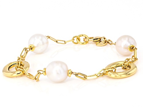 Pre-Owned Genusis Pearls™ 9mm White Cultured Freshwater Pearl 18k Yellow Gold Over Bronze Station Br - Size 7.5