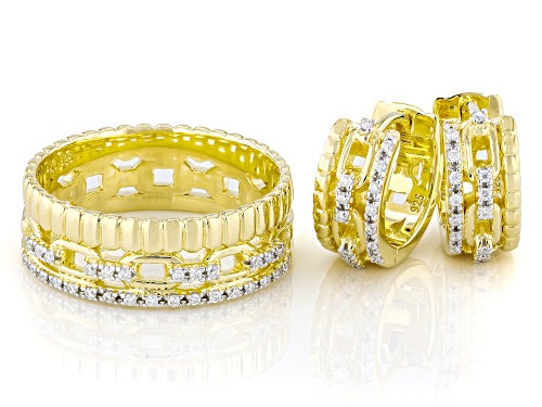 Pre-Owned MOISSANITE FIRE® 0.18CTW DEW ROUND BRILLIANT 14K YELLOW GOLD OVER SILVER EARRINGS AND RING