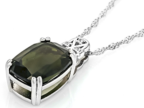 Pre-Owned 4.04ct Moldavite with 0.02ctw White Zircon Rhodium Over Sterling Silver Pendant with Chain