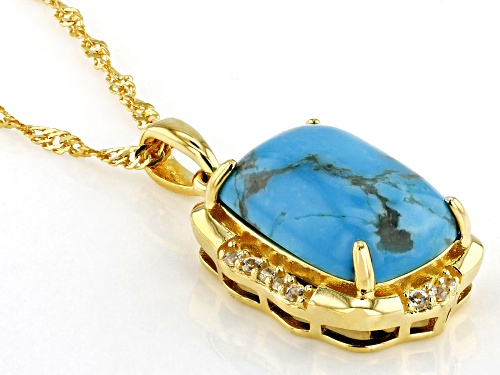 Pre-Owned 14x10mm Kingman Turquoise, 0.11ctw White Zircon 18k Yellow Gold Over Sterling Silver Penda