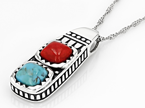 Pre-Owned Southwest Style By JTV™ 8mm Turquoise & 8mm Coral Sterling Silver Pendant With Chain