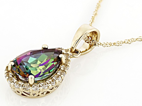 Pre-Owned 3.25ct Mystic Fire® Green Topaz With 0.38ctw White Topaz 10k Yellow Gold Pendant With Chai