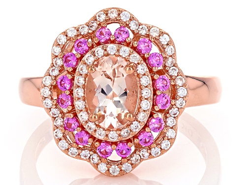 Pre-Owned 0.60ct Morganite, 0.27ctw Lab Pink Sapphire, 0.20ctw Zircon 18k Rose Gold Over Sterling Si - Size 9