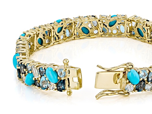 Pre-Owned Sleeping Beauty Turquoise with 14.22ctw Blue Topaz 18k Yellow Gold Over Sterling Silver Br - Size 7.25