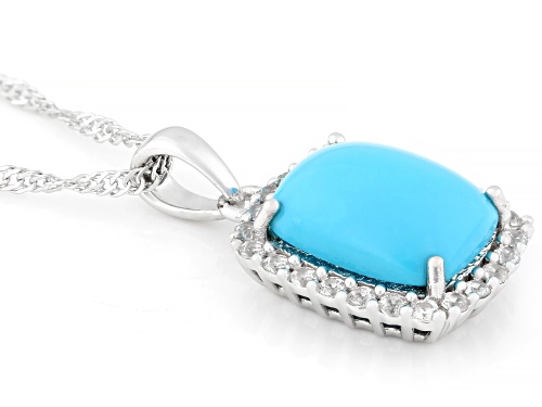 Pre-Owned 12x10mm Cushion Sleeping Beauty Turquoise With .43ctw Zircon Rhodium Over Silver Pendant/C