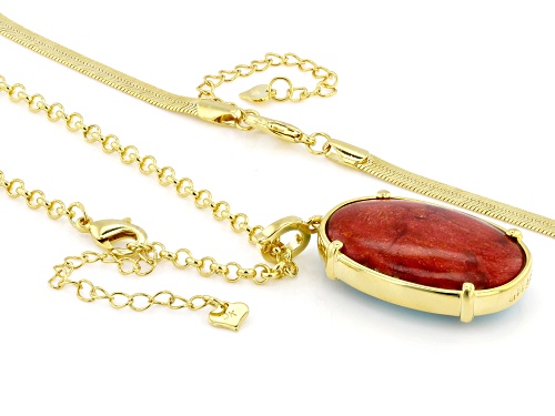 Pre-Owned 30x20mm Turquoise With 30x20mm Sponge Coral 18k Yellow Gold Over Brass Pendant With Chain