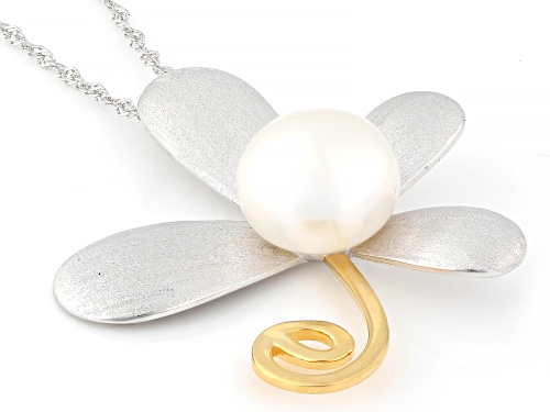 Pre-Owned 11mm White Cultured Freshwater Pearl Rhodium & 18k Gold Over Sterling Silver Pendant With