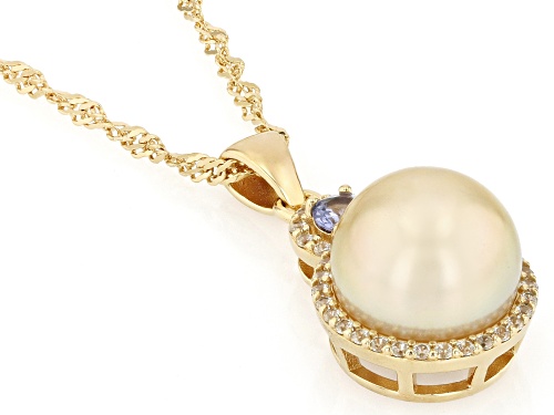 Pre-Owned 9mm Golden Cultured South Sea Pearl Tanzanite & White Zircon 18k Yellow Gold Over Silver P