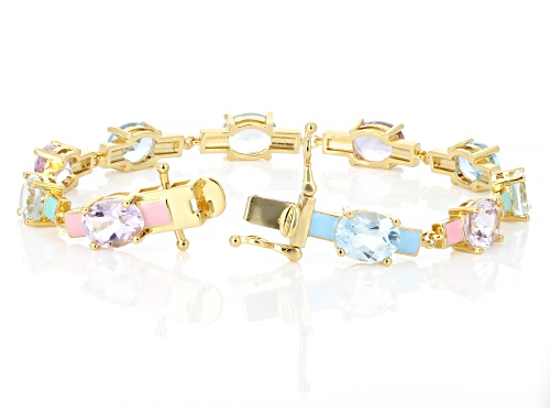 Pre-Owned 5.87ctw Glacier Topaz™, 5.87ctw Amethyst & 4.34ctw Prasiolite 18K Yellow Gold Plated Brace - Size 8