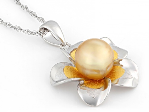 Pre-Owned 9mm Golden Cultured South Sea Pearl Rhodium & 18k Gold Over Sterling Silver Pendant With C