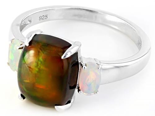 Pre-Owned 1.61ct Black and 0.27ctw White Ethiopian Opal Rhodium Over Sterling Silver Ring - Size 6