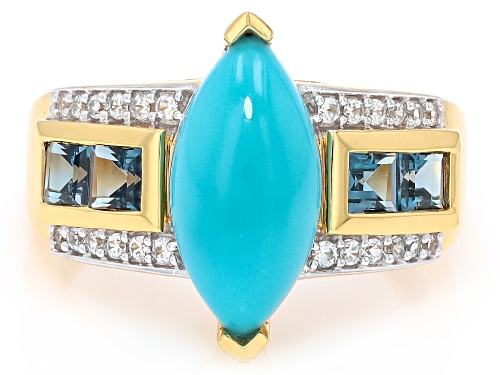 Pre-Owned Sleeping Beauty Turquoise with 1.01ctw London Blue Topaz & White Zircon 18k Yellow Gold Si - Size 8
