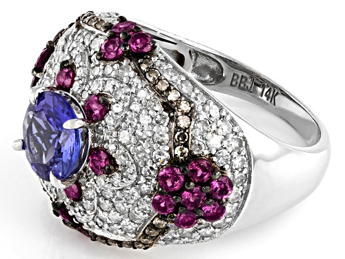 Park Avenue Collection® 3.50ctw Tanzanite, Raspberry Color Rhodolite & Diamond 14k White Gold Ring - Size 5