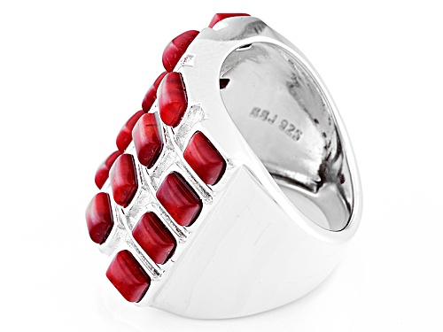 Pacific Style™ 4x3mm Baguette Cabochon Red Sponge Coral Sterling Silver Band Ring - Size 6