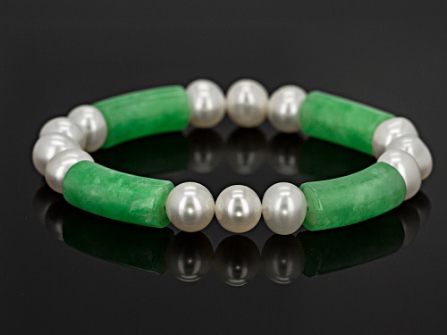 Pacific Style™ Green Jadeite And Cultured White Freshwater Pearl Stretch Bracelet - Size 7