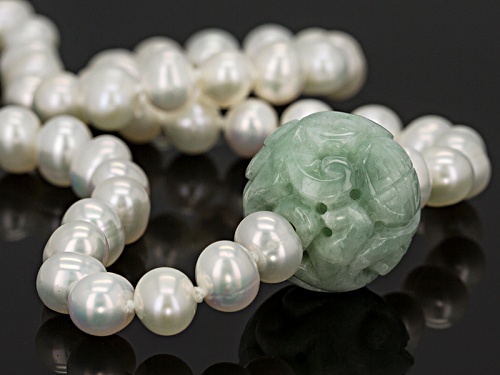 Pacific Style™18mm Carved Jadeite & 6-7mm Cultured White Freshwater Pearl Silver Necklace - Size 18