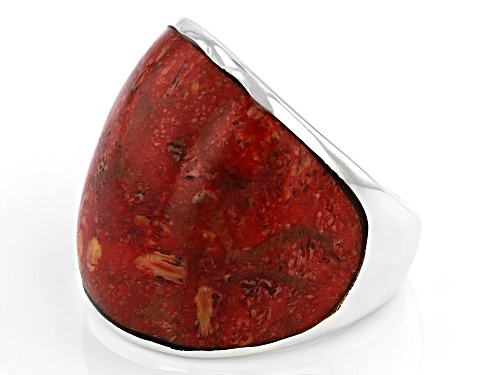 Pacific Style™ 22.5x21.5mm Inlaid Indonesian Red Sponge Coral Solitaire Rhodium Over Silver Ring - Size 8