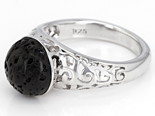 Pacific Style™ 10mm Round Indonesian Lava Stone Rhodium Over Silver Solitaire Ring - Size 7