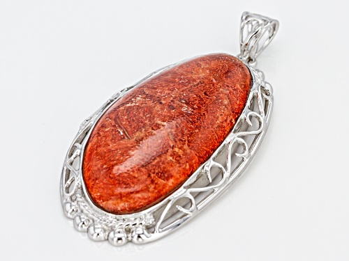 Pacific Style™ 40x20mm Fancy Shape Red Sponge Coral Rhodium Over Silver Pendant
