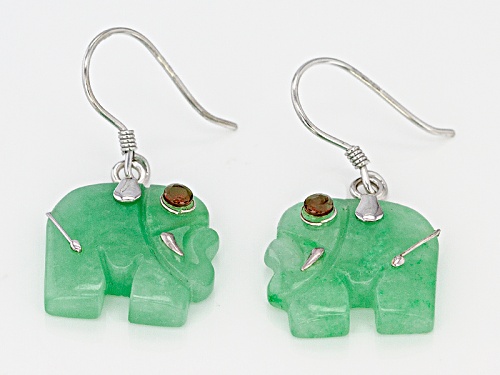 Pacific Style™ 15mm Carved Jadeite Elephant And .20ctw Red Garnet Sterling Silver Dangle Earrings