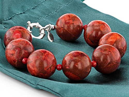 Pacific Style™ 20mm Round Red Sponge Coral And 5mm Round Red Bamboo Coral Silver Bead Bracelet - Size 8