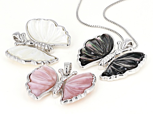 Pacific Style ™ Black, Pink, White Mother Of Pearl Rhodium Over Silver Pendant And Chain Set