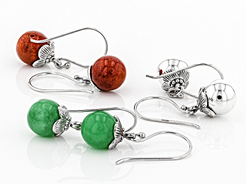 Pacific Style™ 10mm Round Jadeite, Coral, And Rhodium Over Silver Bead Earring Set Of Three