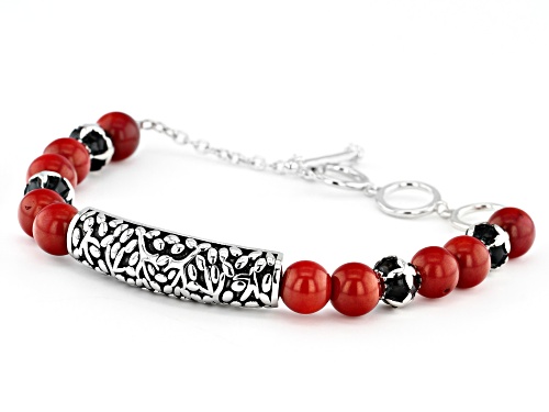 Pacific Style™ 8mm Round Red Coral Rhodium Over Sterling Silver Bead Bracelet. - Size 7.25