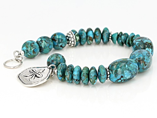 Pacific Style™ Mixed Shape Turquoise Beads Rhodium Over Sterling Silver Charm Bracelet - Size 8