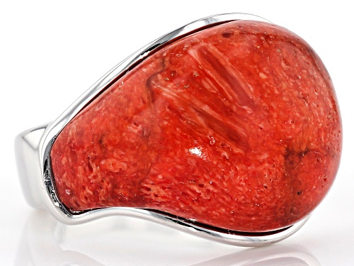 Pacific Style™ 20x15x5mm Fancy Red Sponge Coral Solitaire Rhodium Over Sterling Silver Dome Ring - Size 8