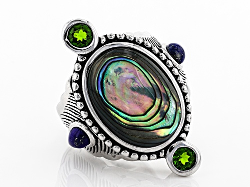 Pacific Style™ Abalone Shell, Lapis Lazuli & .58ctw Chrome Diopside Rhodium Over Silver Feather Ring - Size 7