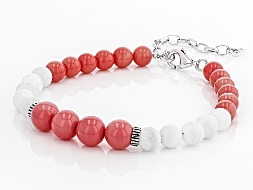 Pacific Style™ 6 & 8mm Pink Coral With 6mm White Agate Rhodium Over Sterling Silver Bead Bracelet - Size 8
