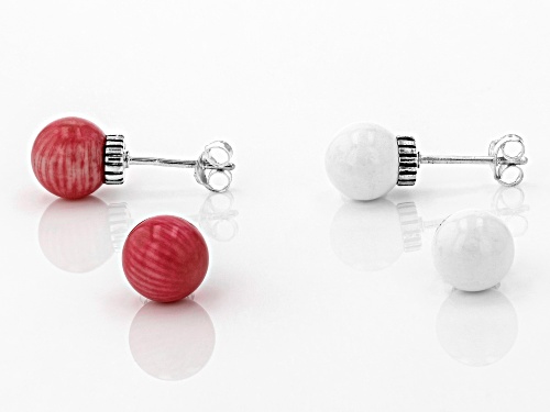 Pacific Style™ 8mm Pink Coral & White Agate Beads, Rhodium Over Silver Stud Earrings, Set of 2 Pairs