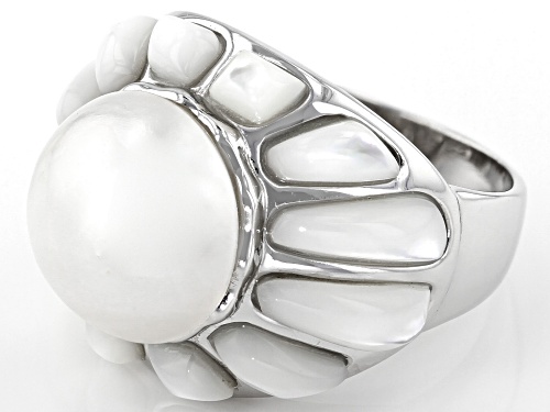 Pacific Style™ 12mm White Cultured Mabe Pearl With White Mother of Pearl Rhodium Over Silver Ring - Size 8