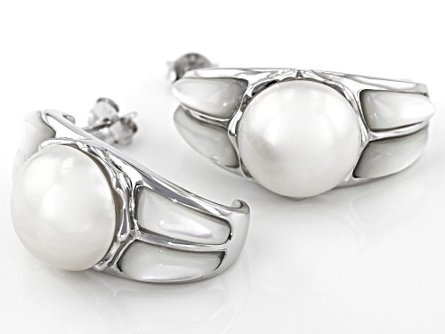 Pacific Style™ 12MM Cultured Mabe Pearl With Mother of Pearl Rhodium Over Silver J-Hoop Earrings