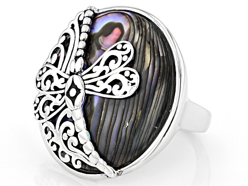 Pacific Style™ 25mm Round Abalone Shell with Dragonfly Rhodium Over Sterling Silver Ring - Size 8
