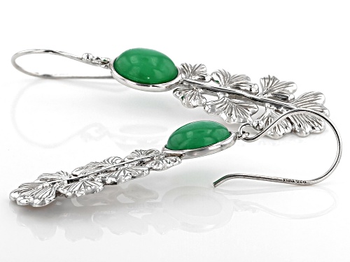 Pacific Style™ 10x8mm Oval Cabochon Jadeite Rhodium Over Sterling Silver Leaf Earrings