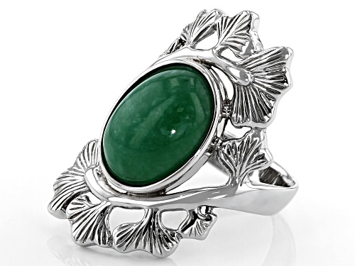 Pacific Style™ 14x10mm Oval Jadeite Rhodium Over Sterling Silver Leaf Ring - Size 8