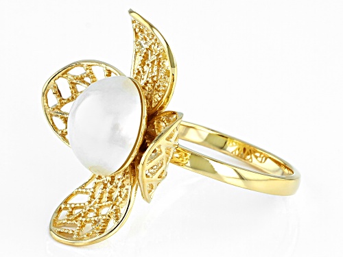 Pacific Style™ 10mm White Cultured Mabe Pearl Solitaire, 18K Gold Over Silver Filigree Flower Ring - Size 8