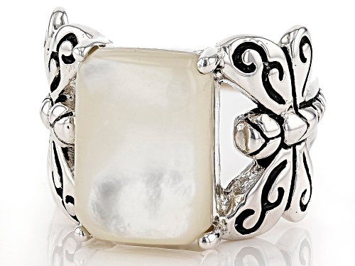 Pacific Style™ 14x10mm Rectangular Mother-of-Pearl Rhodium Over Sterling Silver Dragonfly Ring - Size 9